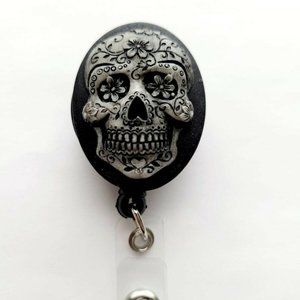 Black Sugar Skull Day of the Dead Badge Holder ID